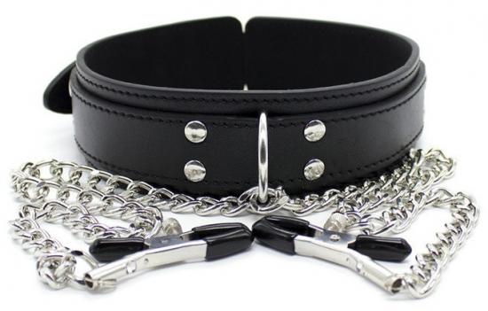 Leather Collar With Nipple Clamps Black