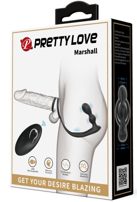 Pretty Love Marshall Penis Ring with Vibrating Anal Plug & Remote Control Black