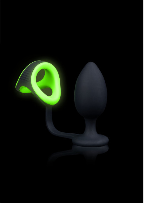 Ouch! Glow in the Dark Butt Plug With Cock Ring & Ball Strap - silikonový anální zámek svítící ve tmě