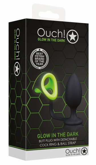 Ouch! Glow in the Dark Butt Plug With Cock Ring & Ball Strap - silikonový anální zámek svítící ve tmě