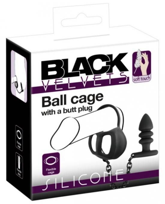 Black Velvets Balls Cage + Butt Plug (Black), návlek na varlata