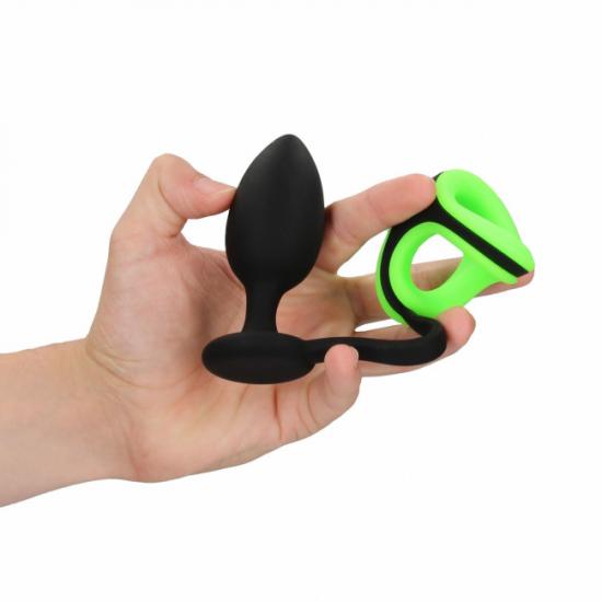 Ouch! Glow in the Dark Butt Plug With Cock Ring & Ball Strap - silikonový anální zámek svítící ve tmě