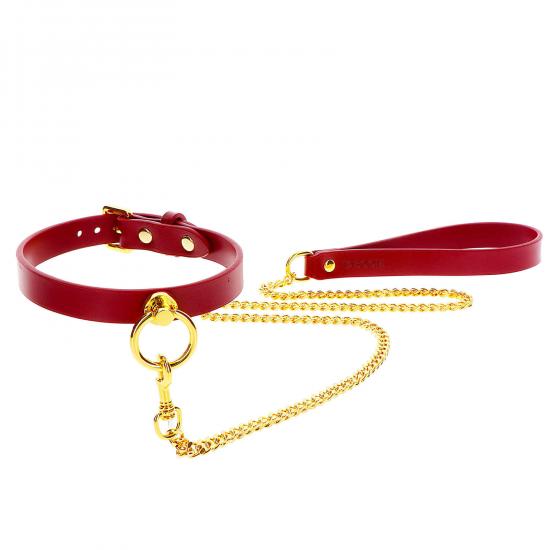 Taboom Bondage in Luxury O Ring Collar and Chain Leash Red