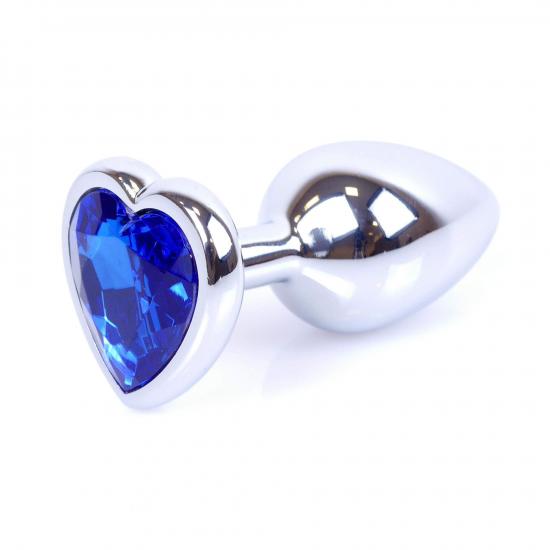 Boss Series Jewellery Silver Heart Plug Dark Blue - stříbrný anální kolík s drahokamem ve tvaru srdce