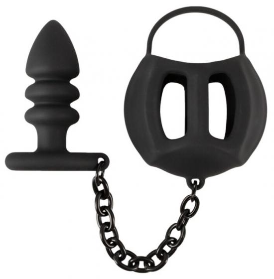 Black Velvets Balls Cage + Butt Plug (Black), návlek na varlata
