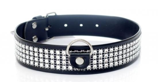 Třpytivý obojek Fetish Boss Series Collar Silver Crystals, 2 cm vysoký