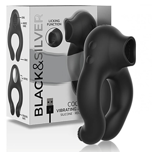 Black and Silver Cock Ring Vibe/Licking, kroužek na penis s orálním simulátorem