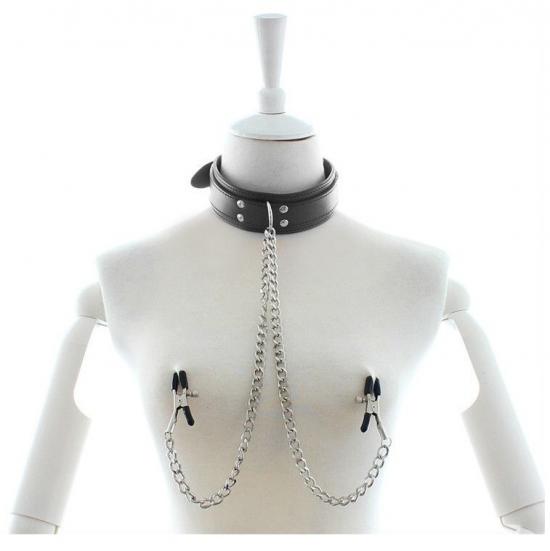 Leather Collar With Nipple Clamps Black